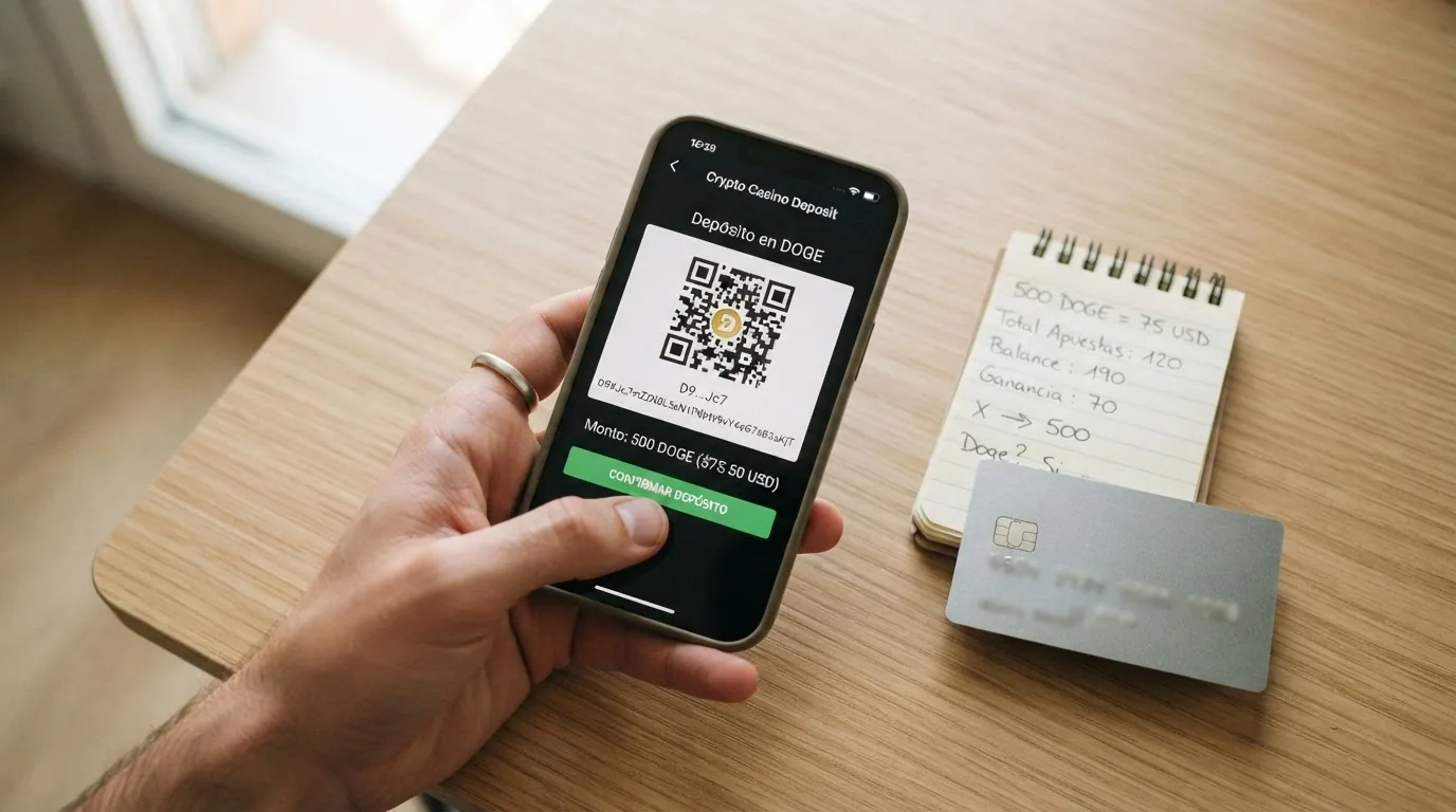 Una cartera digital de criptomonedas mostrando una transacción de Dogecoin junto a la pantalla de depósito de un casino online