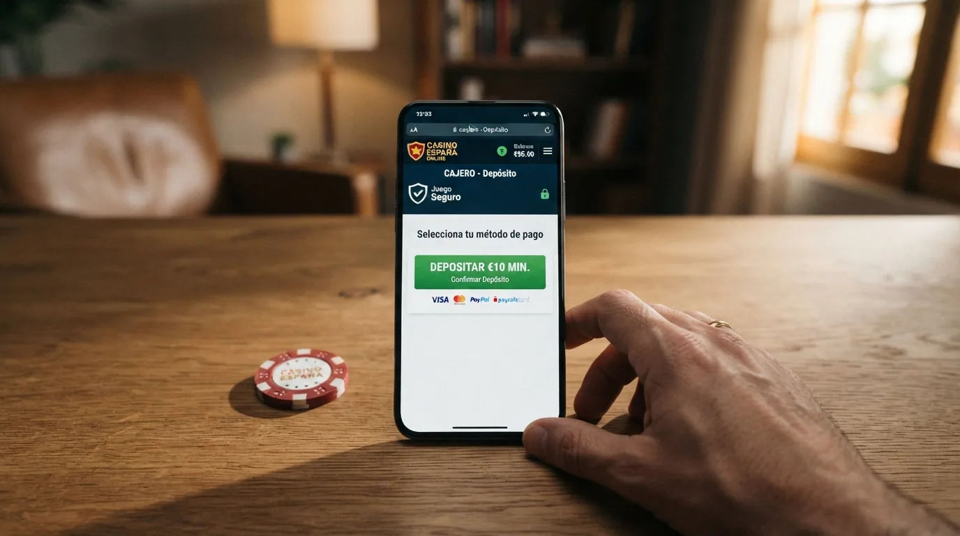 Pantalla del cajero de un casino online mostrando MiFinity como método de pago seleccionado y el importe mínimo de depósito de 10 €