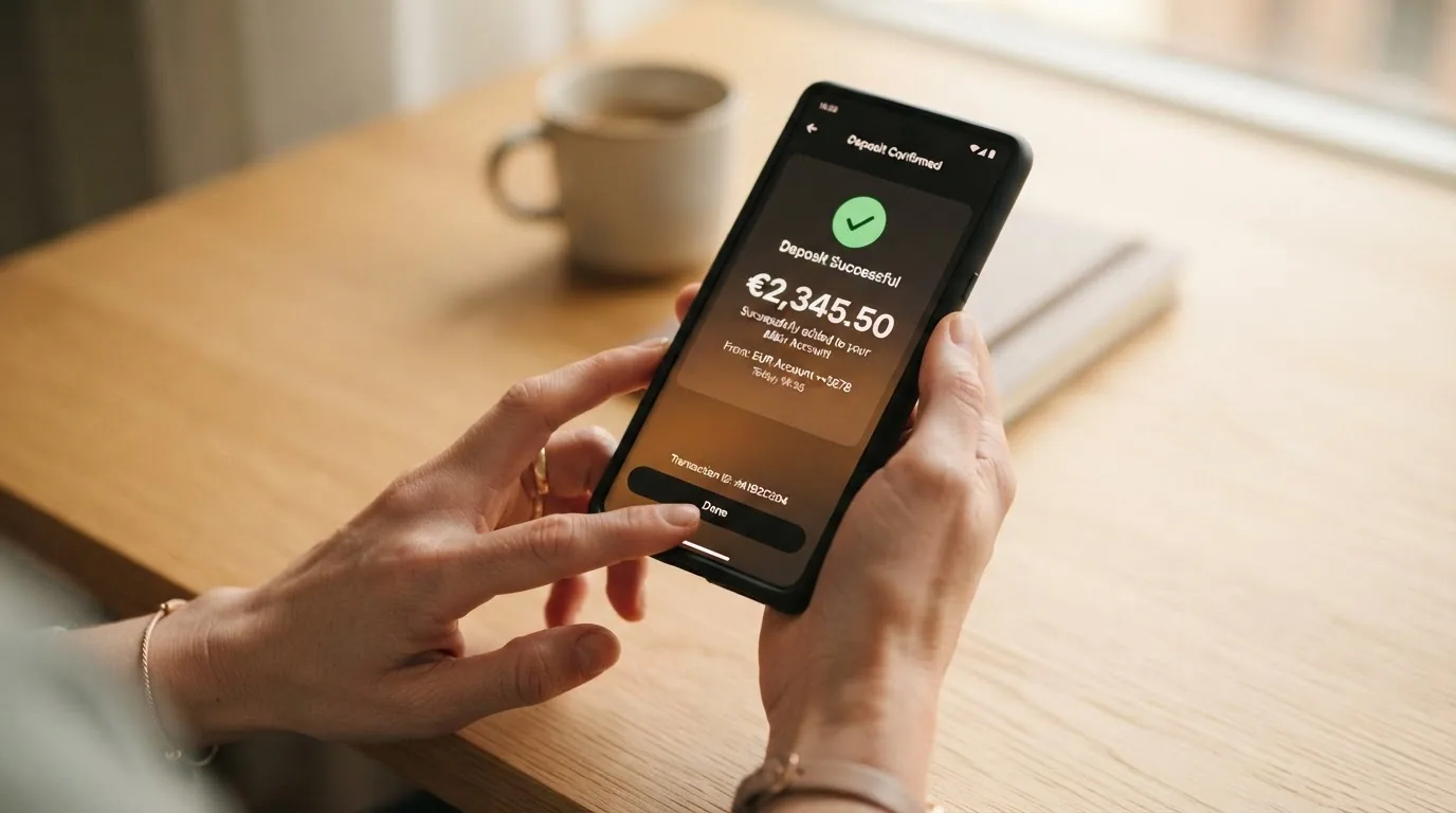 Manos sosteniendo un teléfono móvil que muestra la pantalla de confirmación de un depósito con MuchBetter en un casino online, con el importe en euros visible