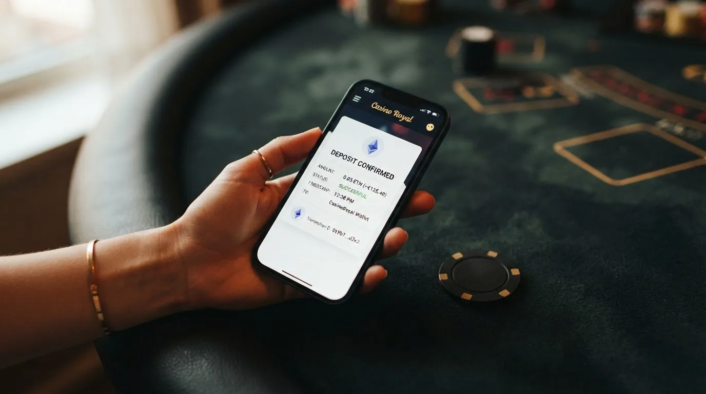 Un esquema visual del flujo de un depósito con Ethereum: monedero del jugador, confirmación de bloques en la blockchain y saldo acreditado en el casino