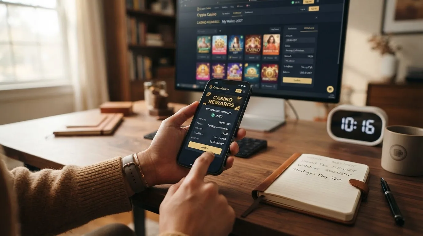 Un monedero de criptomonedas con una transacción de USDT en proceso y un reloj junto a un icono de casino, ilustrando la diferencia entre confirmación en blockchain y aprobación del operador