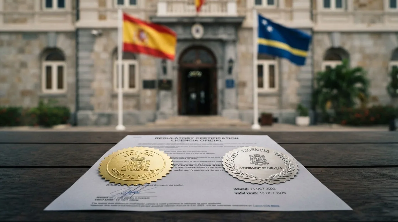 La fachada de un edificio institucional con la bandera de España y la de Curaçao una al lado de la otra, y en primer plano un documento de licencia con sellos diferentes
