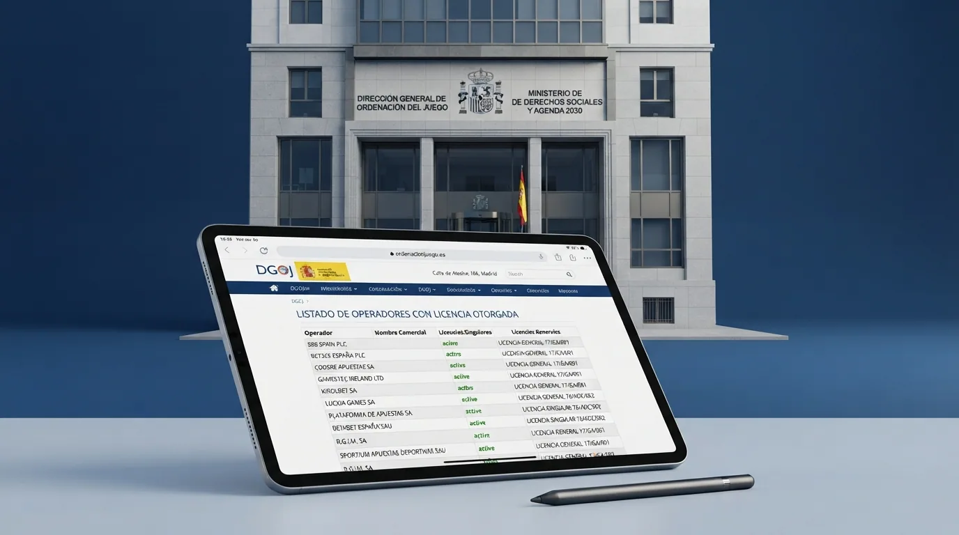 La sede de la Dirección General de Ordenación del Juego en Madrid junto a una captura del listado oficial de operadores con licencia en la web ordenacionjuego.es