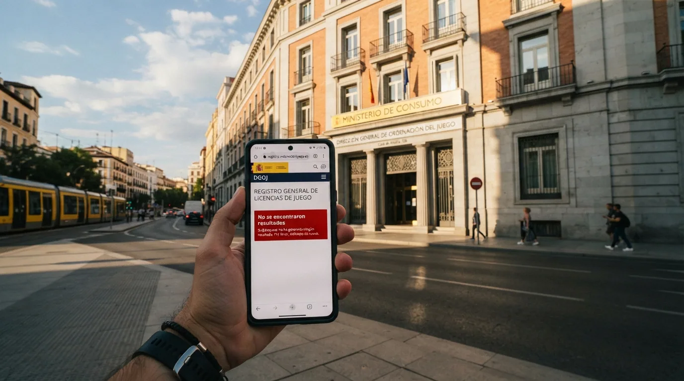 La fachada de la sede de la DGOJ en Madrid junto a la pantalla del registro oficial de ordenacionjuego.es y una advertencia sobre juego sin licencia