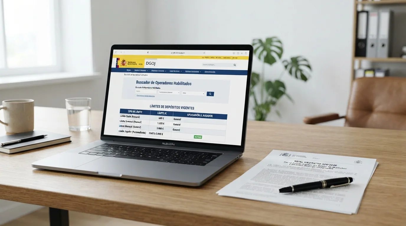 Captura del sitio web de la DGOJ (ordenacionjuego.es) con el buscador de operadores y una tabla que resume los límites actuales junto a los nuevos límites conjuntos de 2026