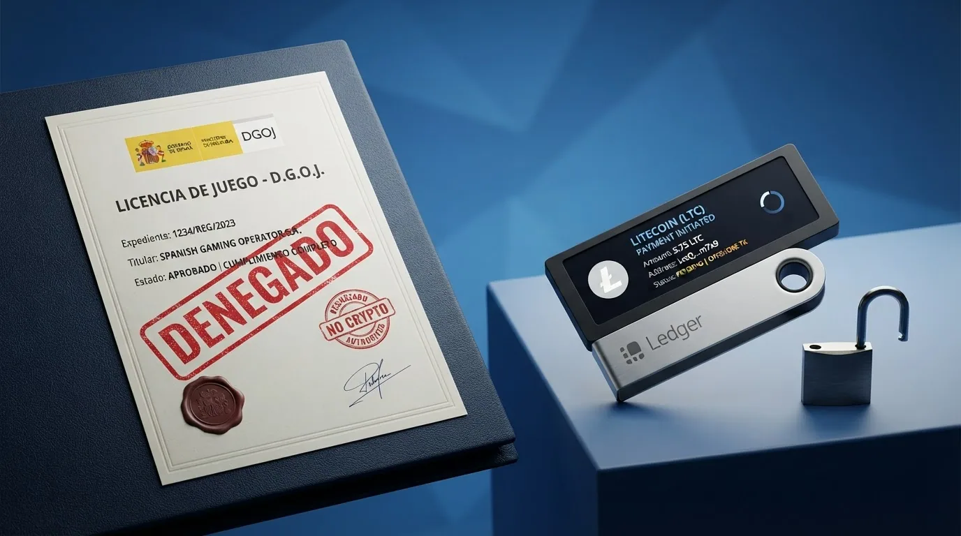 Documento oficial de la DGOJ con un sello tachado y, junto a él, un candado abierto sobre un monedero de criptomonedas