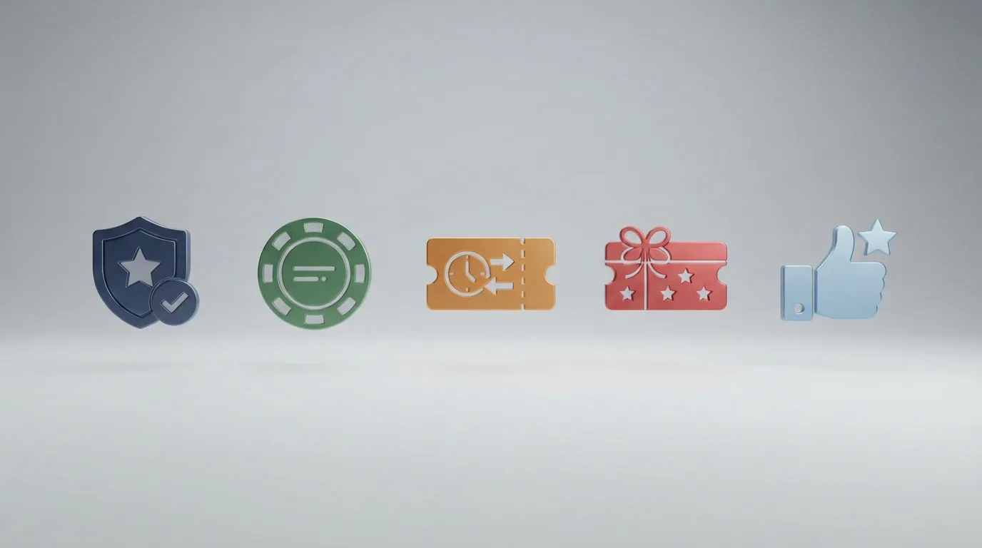 Composición visual con iconos que representan los cinco criterios de evaluación: un escudo (licencia española), una moneda (depósito mínimo), un billete con un reloj (retirada), un ticket de regalo (bono) y un pulgar hacia arriba (opiniones)