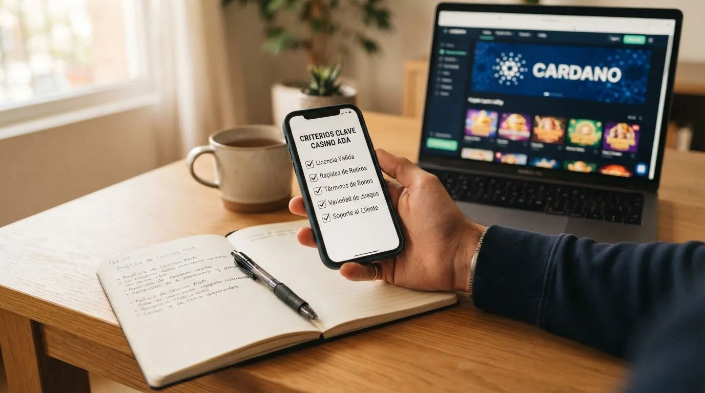 Lista manuscrita con los cinco criterios clave —licencia, retirada, bono, juegos, soporte— junto a la pantalla de un ordenador con un casino online abierto