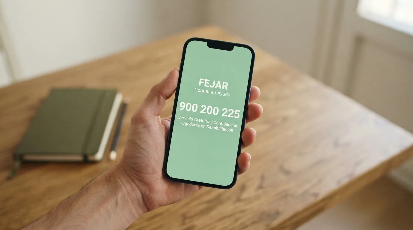 Una mano sosteniendo un teléfono móvil con el número 900 200 225 en pantalla sobre un fondo de tonos verdes