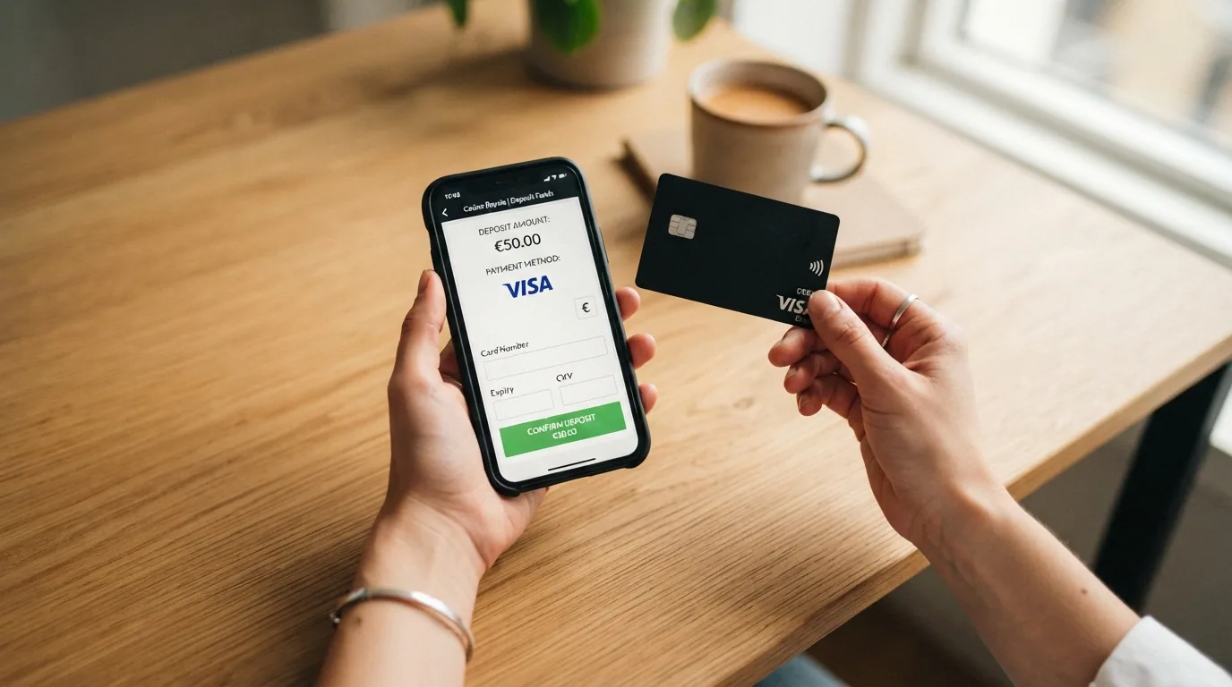 Formulario de depósito de un casino online con los campos de importe en euros, número de tarjeta Visa y código de seguridad CVV