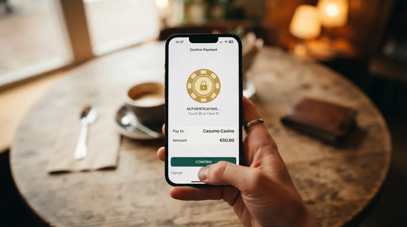 Mano sujetando un telefono Android con la pantalla de confirmacion biometrica de Google Pay sobre el fondo de la caja de un casino