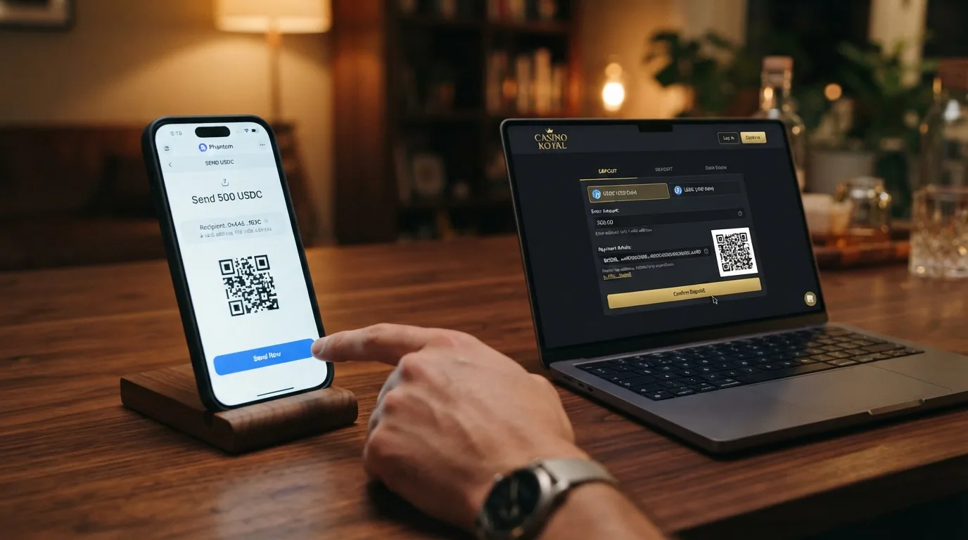 Pantalla dividida que muestra un monedero cripto en un móvil a la izquierda y el cajero de un casino online con la opción USDC seleccionada a la derecha