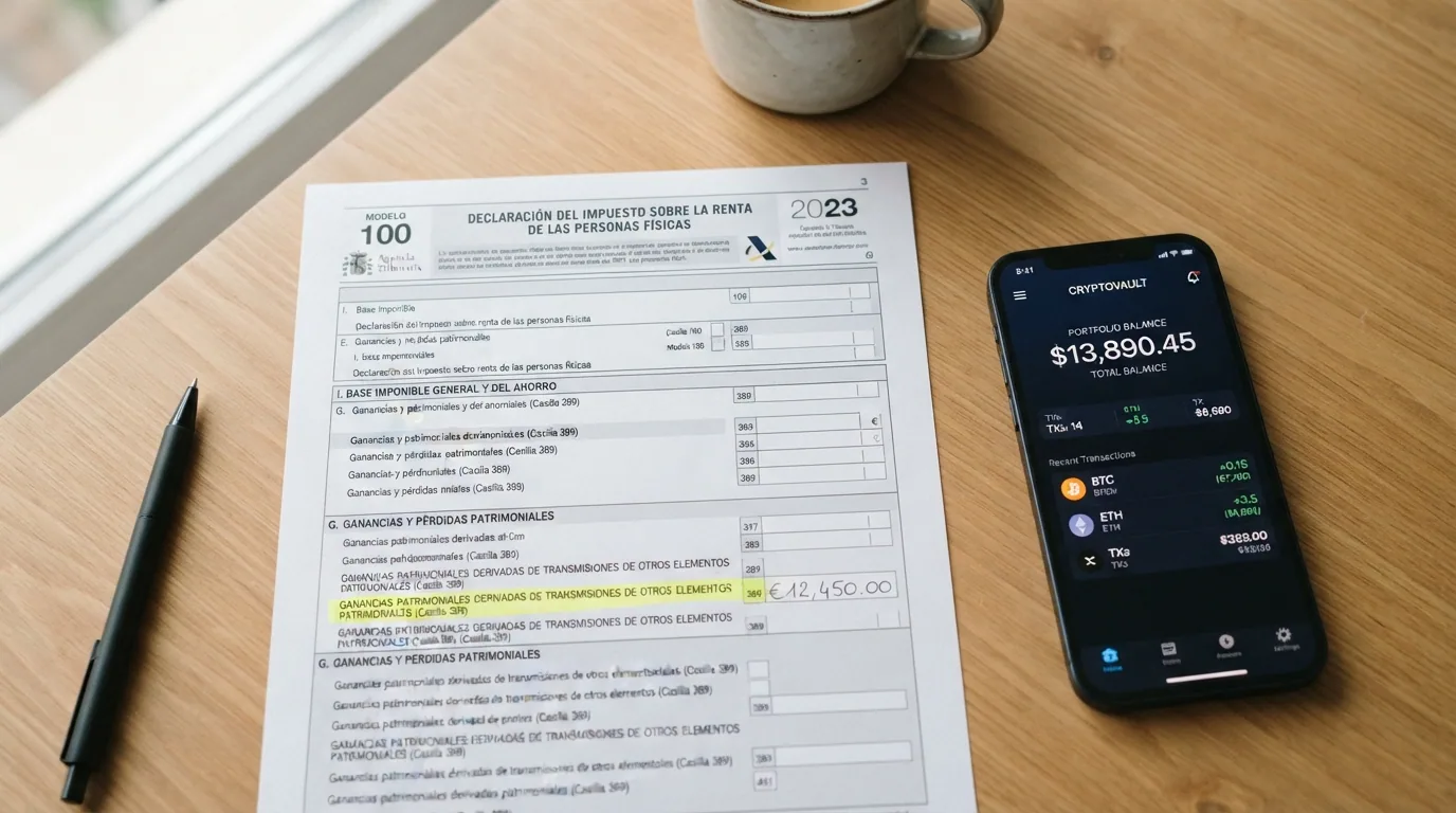 Un modelo de declaración de IRPF con el apartado de ganancias patrimoniales señalado junto a una wallet de criptomonedas
