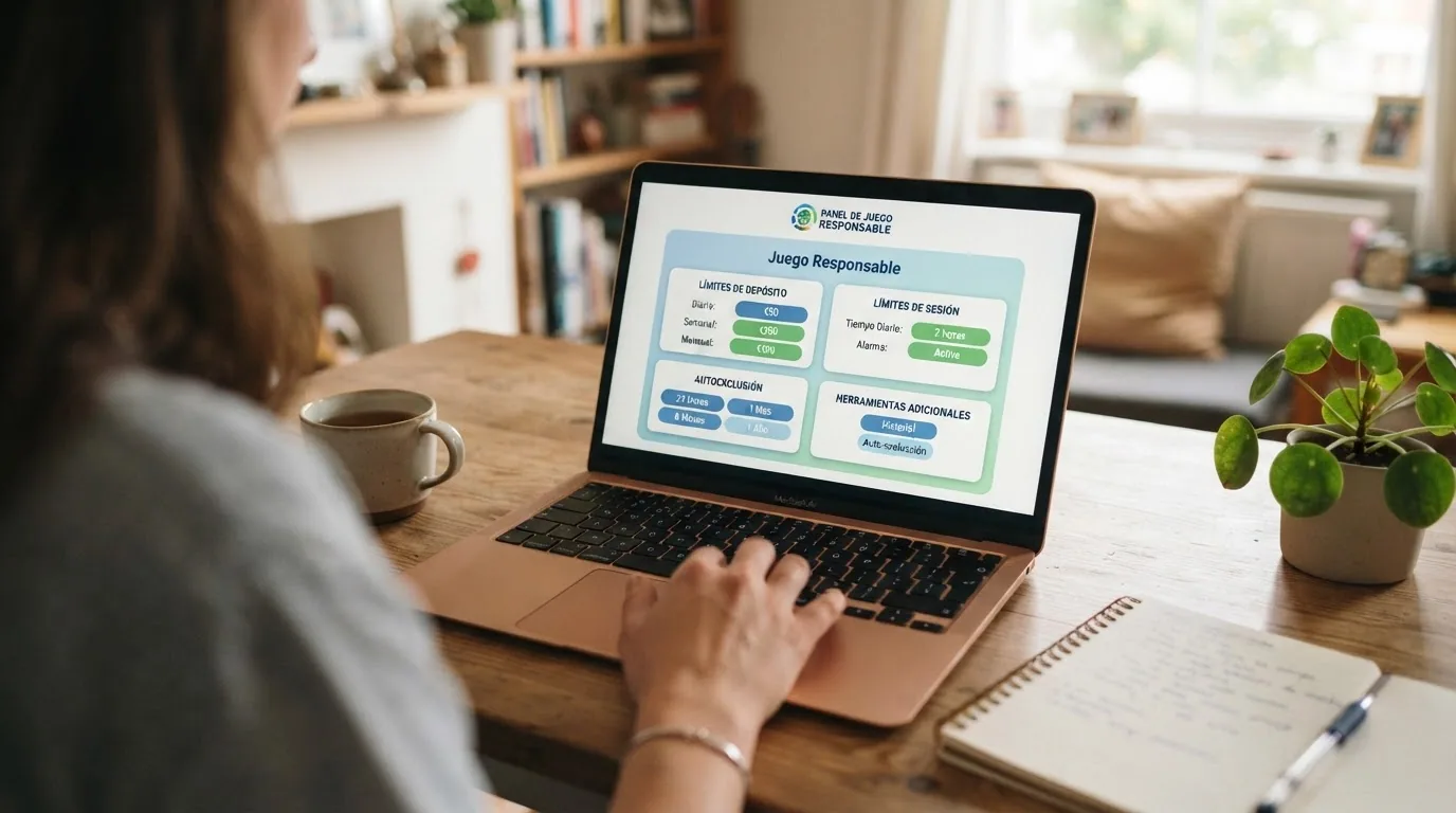 Panel de configuración de juego responsable de un casino online: sección de límite de depósito, límite de sesión y opción de autoexclusión