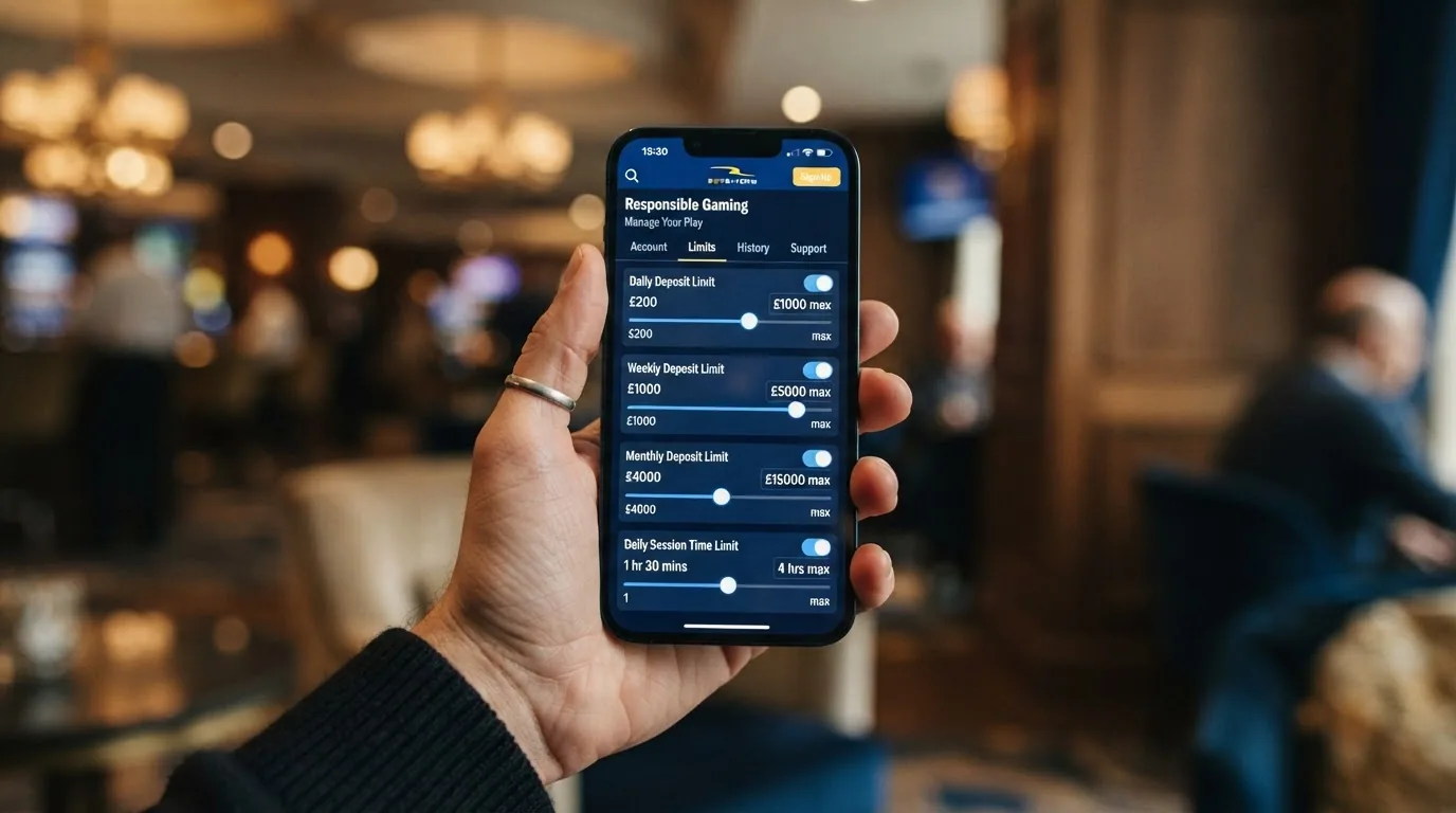 Panel de configuración de límites de un casino online con los controles desplegados: límite diario, semanal, mensual y de sesión, cada uno con un valor numérico