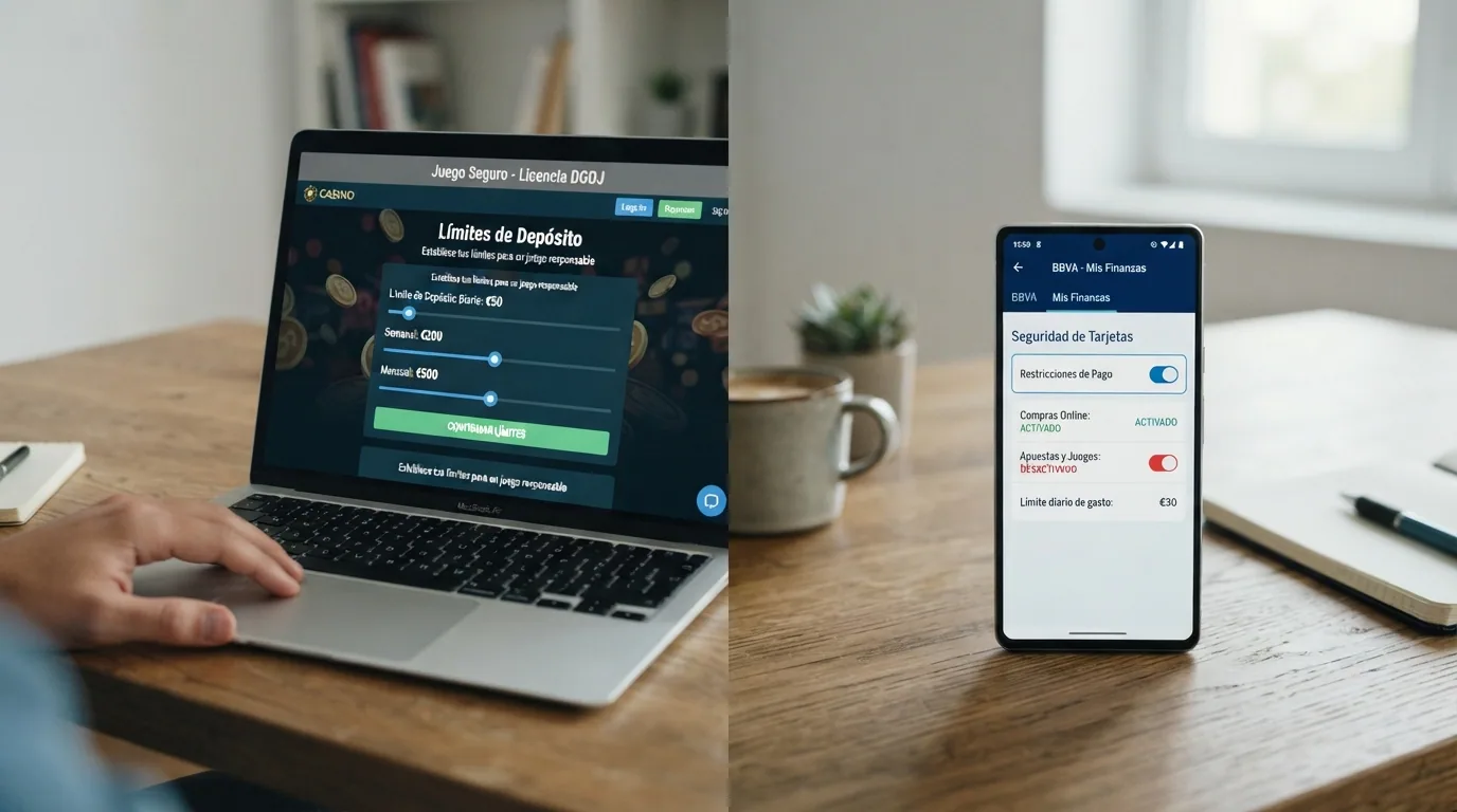 Pantalla dividida: a la izquierda, el panel de limites de deposito de un casino DGOJ; a la derecha, la opcion de bloqueo de pagos de juego activada en los ajustes de seguridad de la app de Revolut