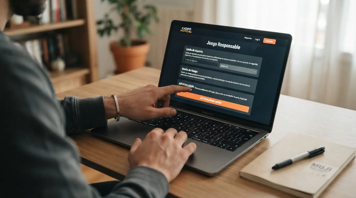 Una mano apoyada sobre el teclado frente a una pantalla con las opciones de límite de depósito y autoexclusión de un portal de juego regulado, junto al logo de FEJAR