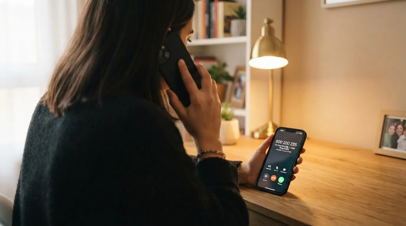 Una persona al teléfono en actitud de escucha atenta con el número 900 200 225 sobreimpreso en la parte inferior de la imagen
