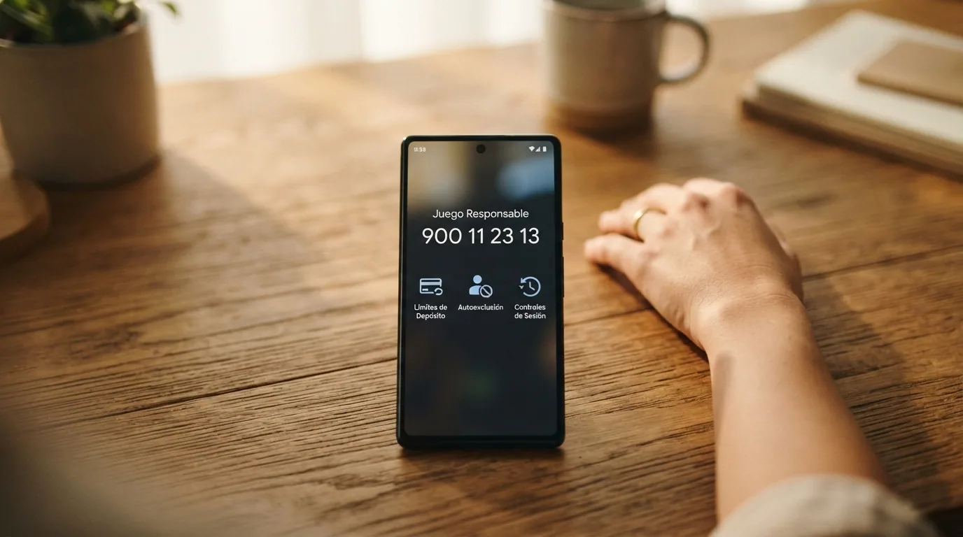 Un teléfono móvil con el número 900 11 23 13 en pantalla junto a los iconos de límite de depósito, autoexclusión y control de sesión