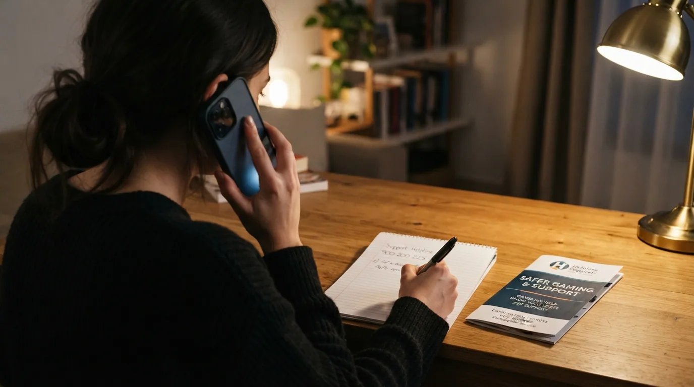 Un teléfono fijo sobre una mesa junto a una nota manuscrita con el número 900 200 225 y un folleto informativo de FEJAR