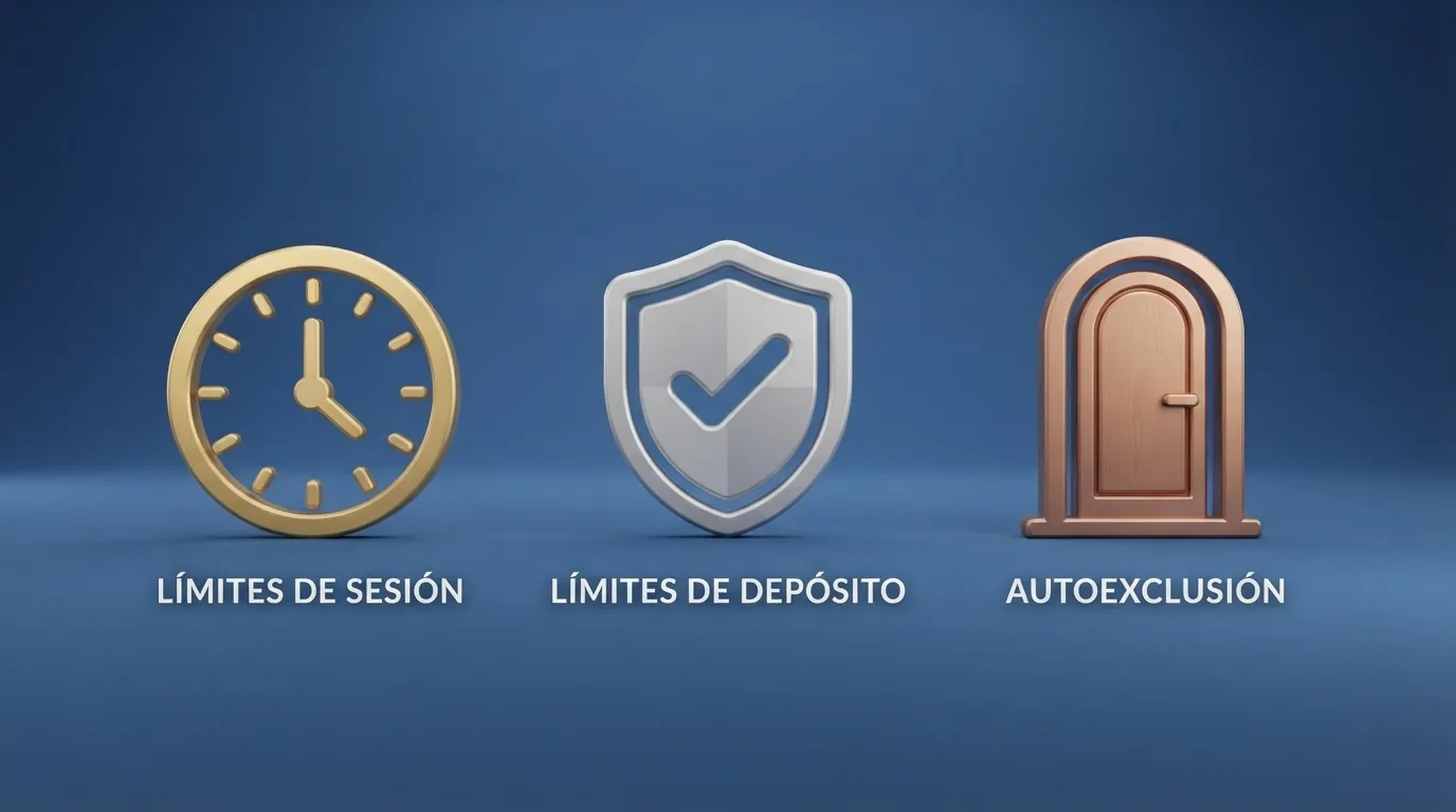 Representacion de los iconos de herramientas de juego responsable — limites de deposito, autoexclusion, control de sesion — sobre un fondo azul corporativo