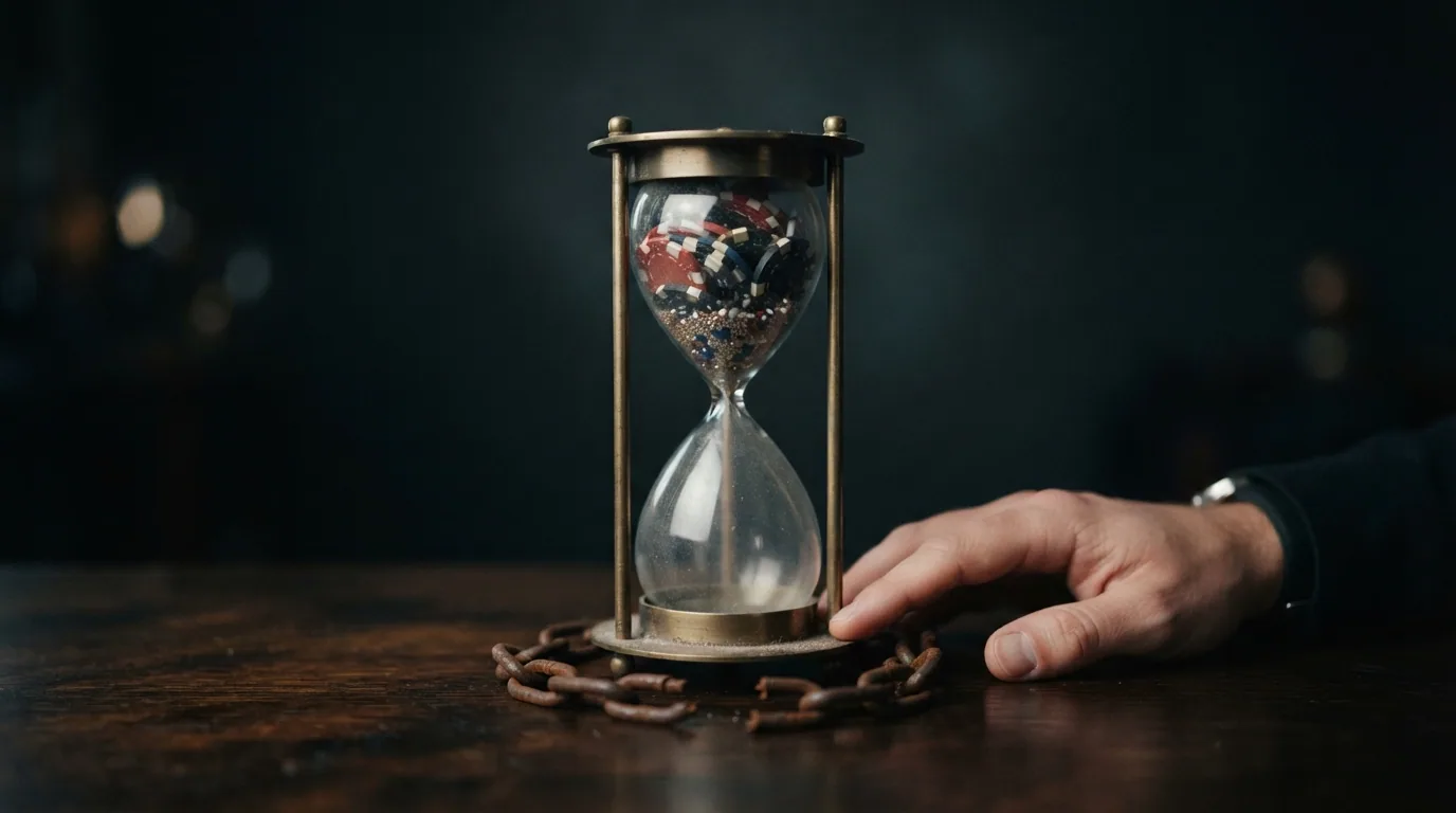 Un reloj de arena con fichas de casino detenidas en la parte superior y una cadena rota en la inferior, simbolizando los límites que la VPN puede sortear