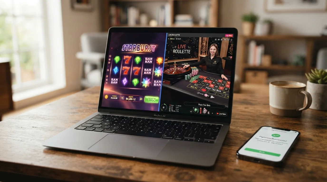 Pantalla dividida que muestra una tragaperras online en el lateral izquierdo y una mesa de ruleta en vivo con crupier real en el derecho, ambas con el botón de cajero y la opción de Bizum visible