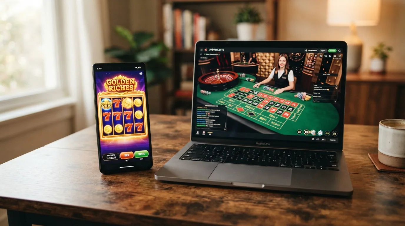 Pantalla dividida: a la izquierda una tragaperras online en un movil, a la derecha una mesa de ruleta en vivo con crupier real