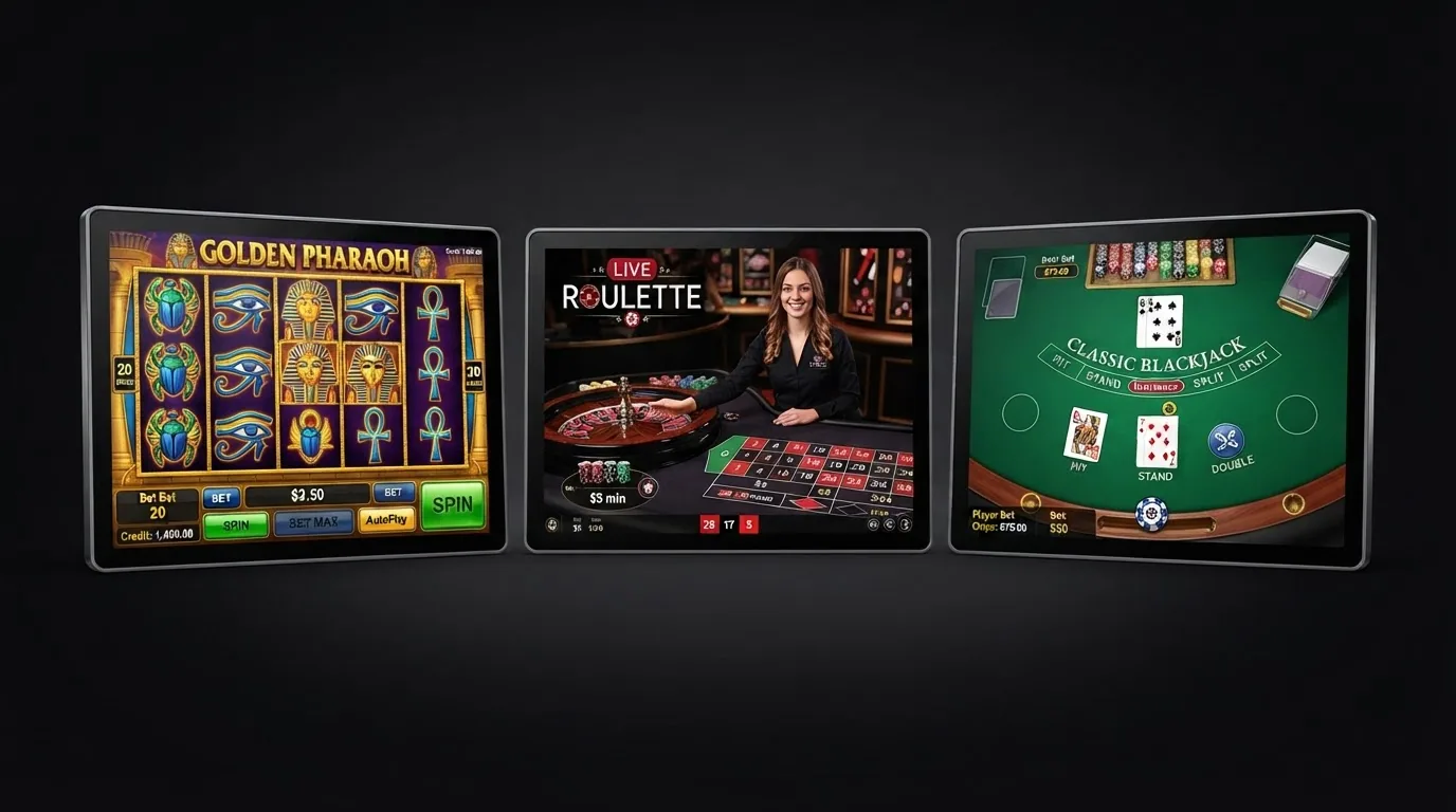 Collage de tres pantallas de juego: una slot colorida, una mesa de ruleta en vivo con crupier real y una mano de blackjack, con el logo de Trustly discreto en la esquina