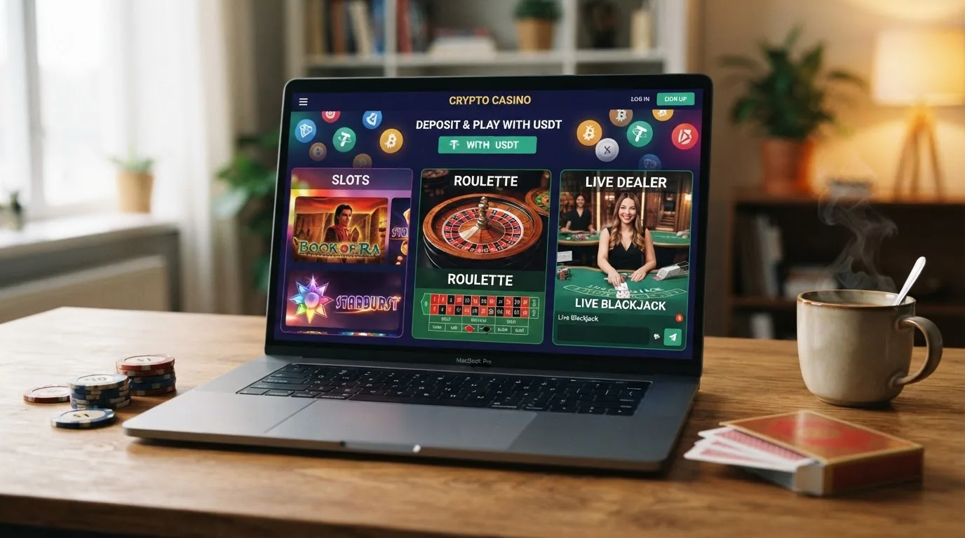 Collage de tres elementos de casino online: una tragaperras colorida, una ruleta en vivo con crupier y fichas de póker, todo sobre un fondo con el símbolo de USDT
