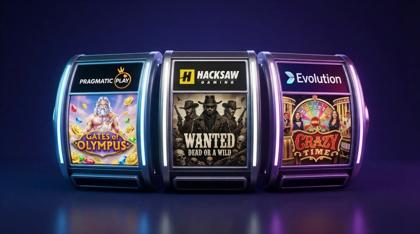 Collage de portadas de tragaperras de Pragmatic Play, Hacksaw Gaming y Evolution sobre un fondo de código blockchain