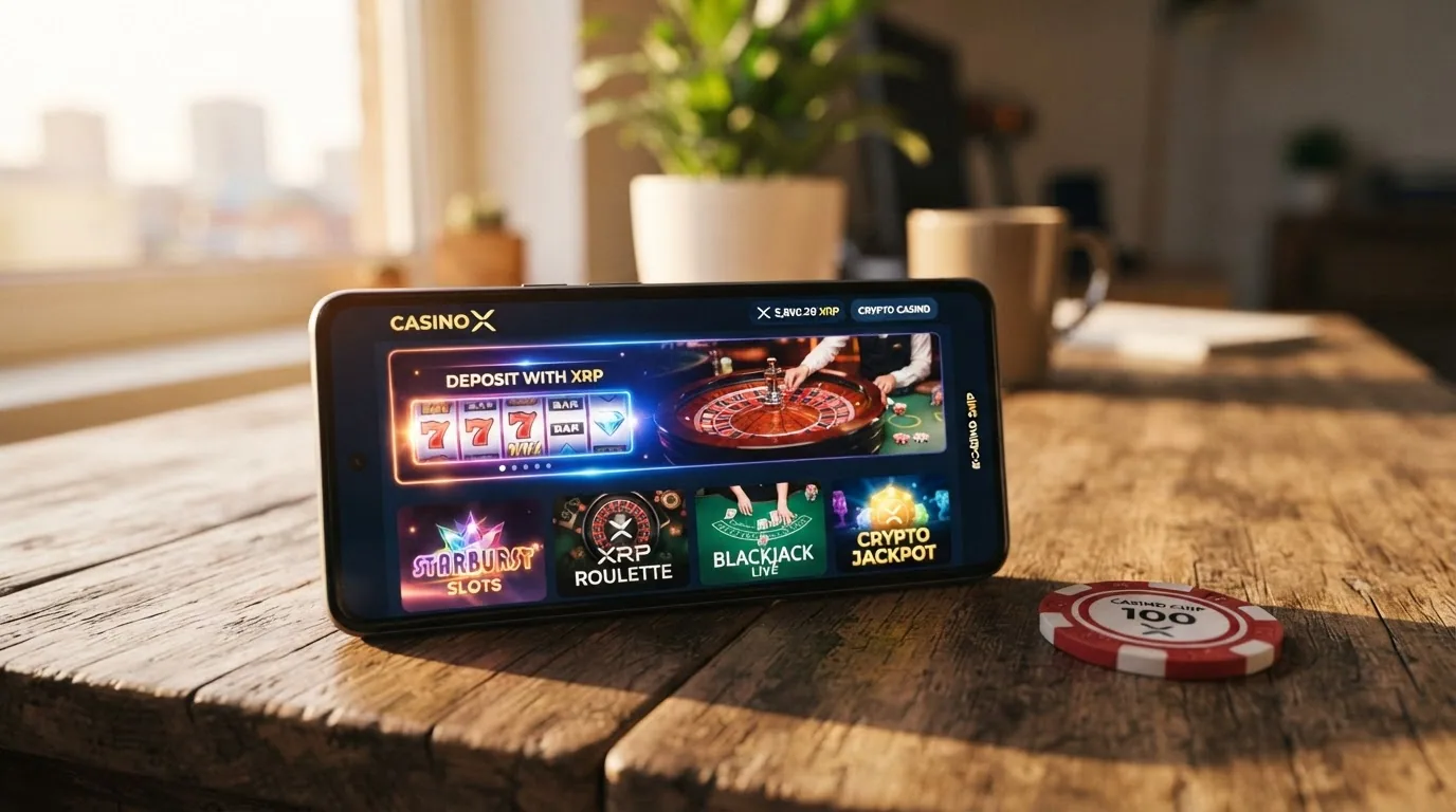 Collage de los tipos de juego disponibles en casinos con XRP: tragaperras, mesa de ruleta y crupier en vivo