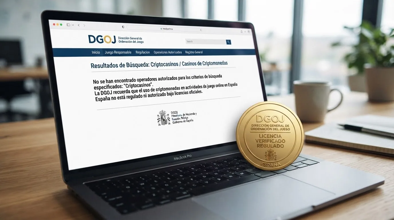 Captura del buscador de operadores con licencia del sitio web de la DGOJ (ordenacionjuego.es) sin resultados para el término de búsqueda de criptomonedas