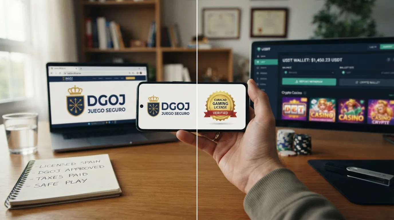 Pantalla partida: a la izquierda el logotipo de la DGOJ y el dominio .es sobre un fondo institucional; a la derecha, una licencia de Curaçao y un monedero de USDT