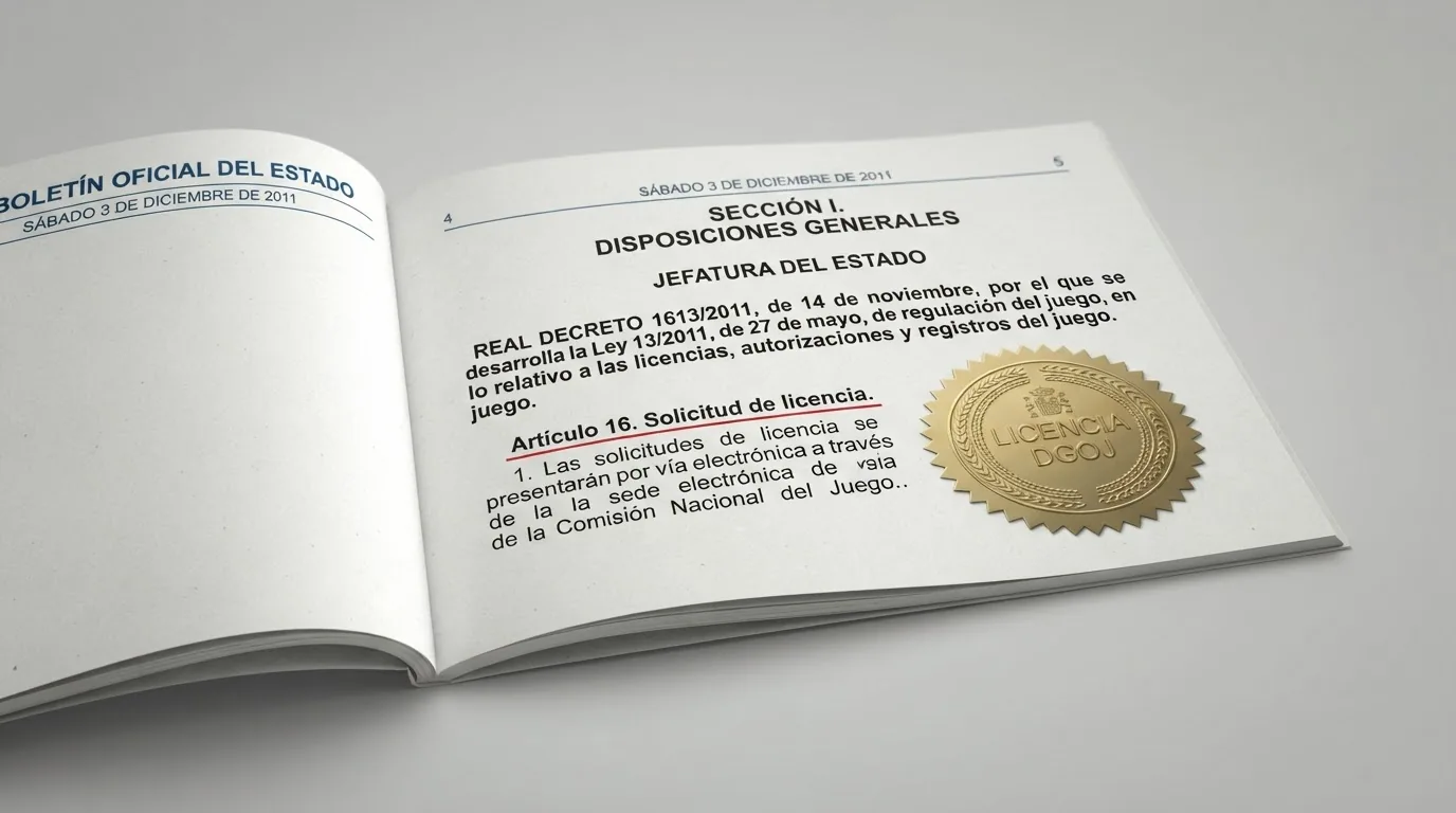 El BOE abierto por el Real Decreto 1613/2011 con el artículo 16 subrayado junto al logotipo de la DGOJ