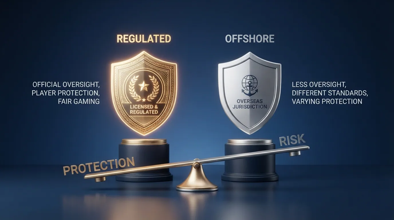 Ilustración comparativa del marco de protección al jugador entre un casino con licencia DGOJ y un casino offshore con licencia Curaçao