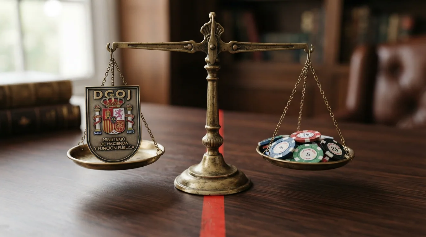 Balanza con el escudo de la DGOJ en un platillo y fichas de cripto en el otro, separados por una línea roja