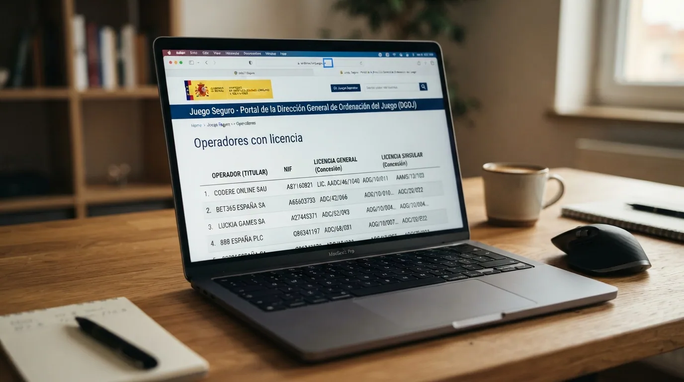 Captura del listado público de operadores autorizados en ordenacionjuego.es con varios nombres de casino visibles y el dominio .es resaltado