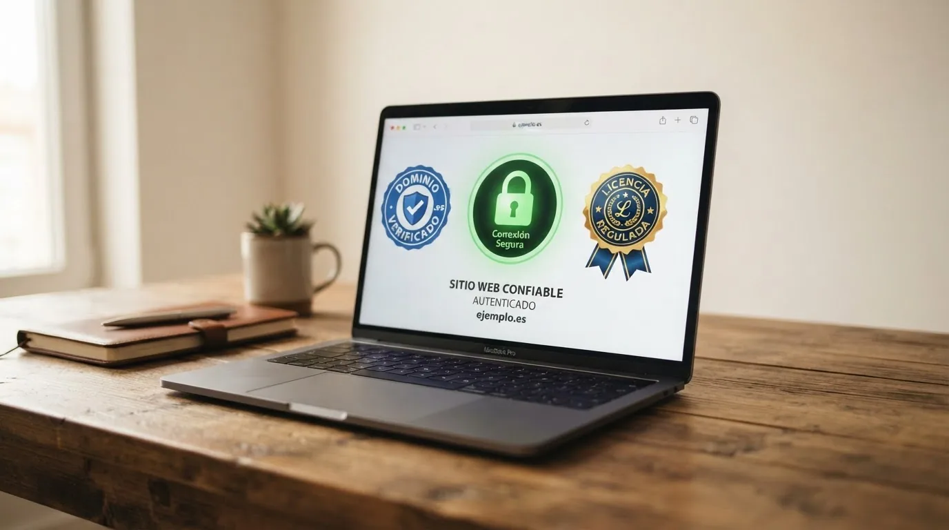El candado verde de una web segura junto al logotipo de la DGOJ y un sello que dice «dominio .es verificado»