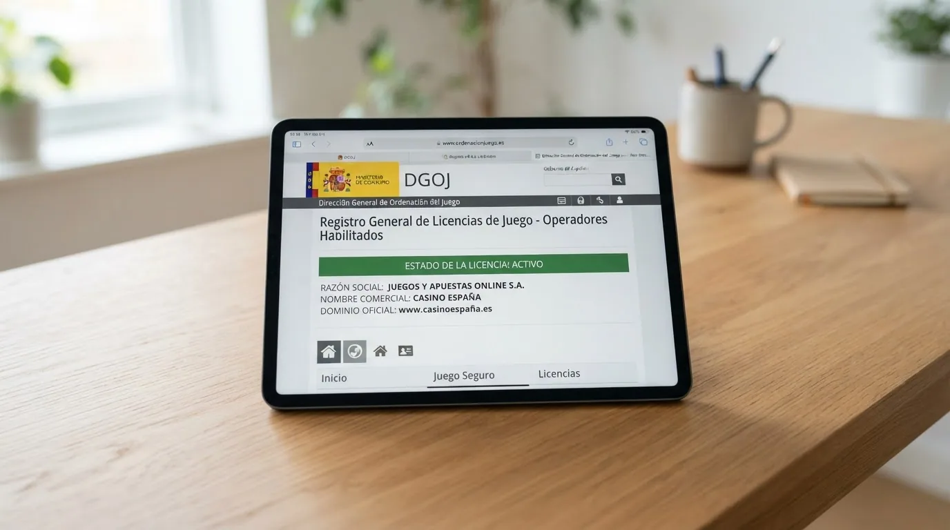 Captura del registro público de la DGOJ en ordenacionjuego.es mostrando el estado «ACTIVO» de un operador con su dominio .es visible en la URL
