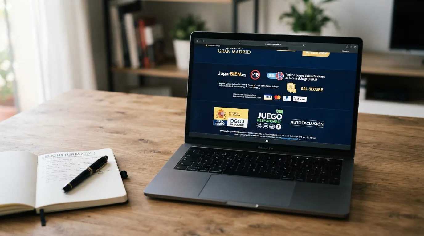 Captura del pie de página de un casino online español mostrando el sello de la DGOJ, el dominio .es, los logos de juego responsable y el aviso legal