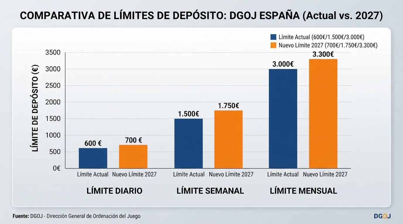Gráfico de barras comparativas con los límites de depósito diario, semanal y mensual del régimen actual junto a los del nuevo régimen conjunto de 2027