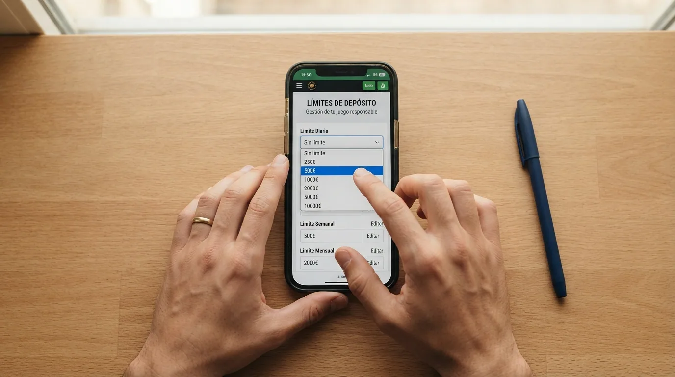 Pantalla de configuración de límites de depósito en el área personal de un casino online español, con el desplegable de importe diario abierto mostrando las opciones de reducción