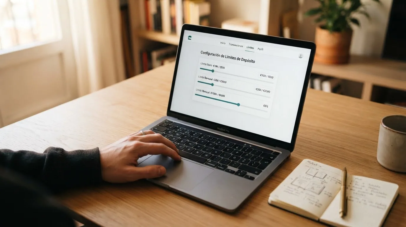 Panel de configuración de límites de depósito dentro de la cuenta de un casino online español, con los controles deslizantes de límite diario, semanal y mensual