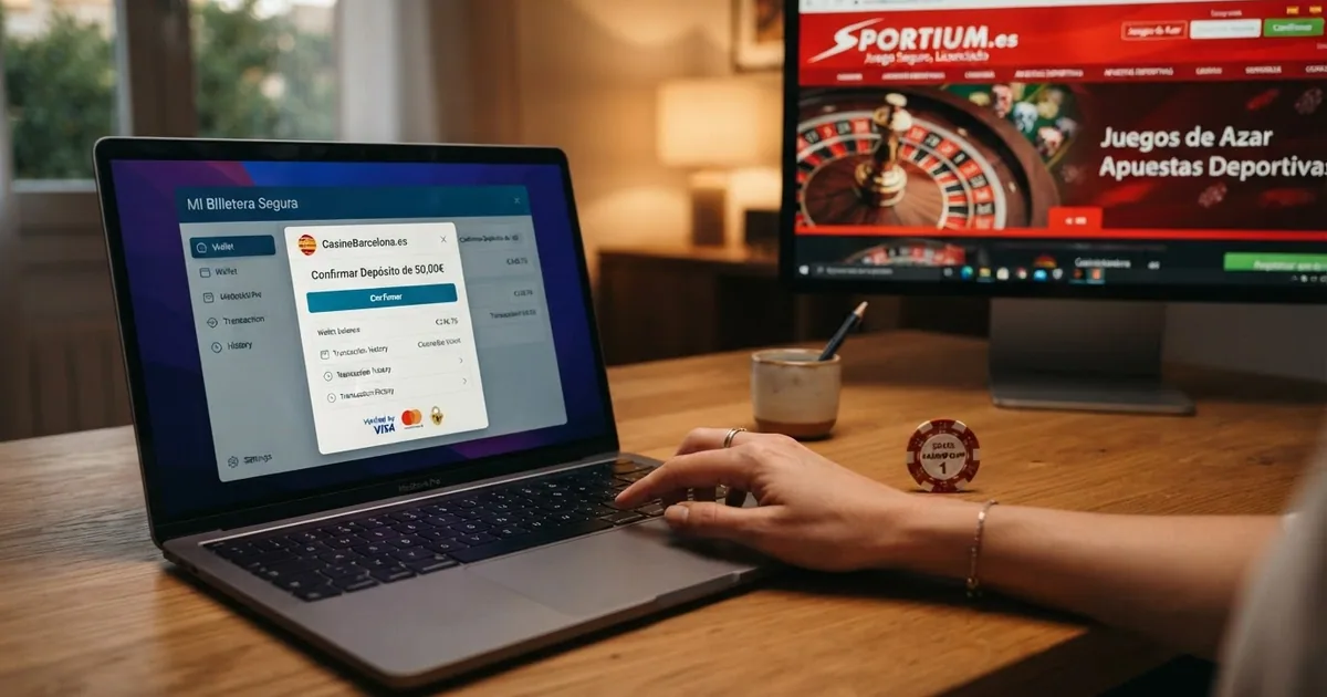 Cartera digital de Neteller en la pantalla de un ordenador junto a la ficha de un casino online español con el dominio .es visible
