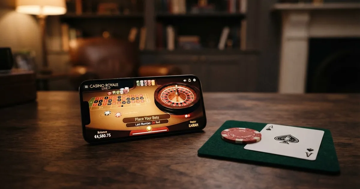 Un monedero Bitcoin abierto en la pantalla de un ordenador portátil junto a la interfaz de un casino online con fichas de póquer y una carta de ruleta sobre la mesa