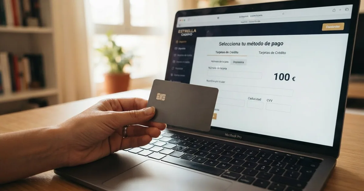 Mano que sostiene una tarjeta de crédito frente a la pantalla de un ordenador portátil con la interfaz de un casino online español abierta en la página de depósito