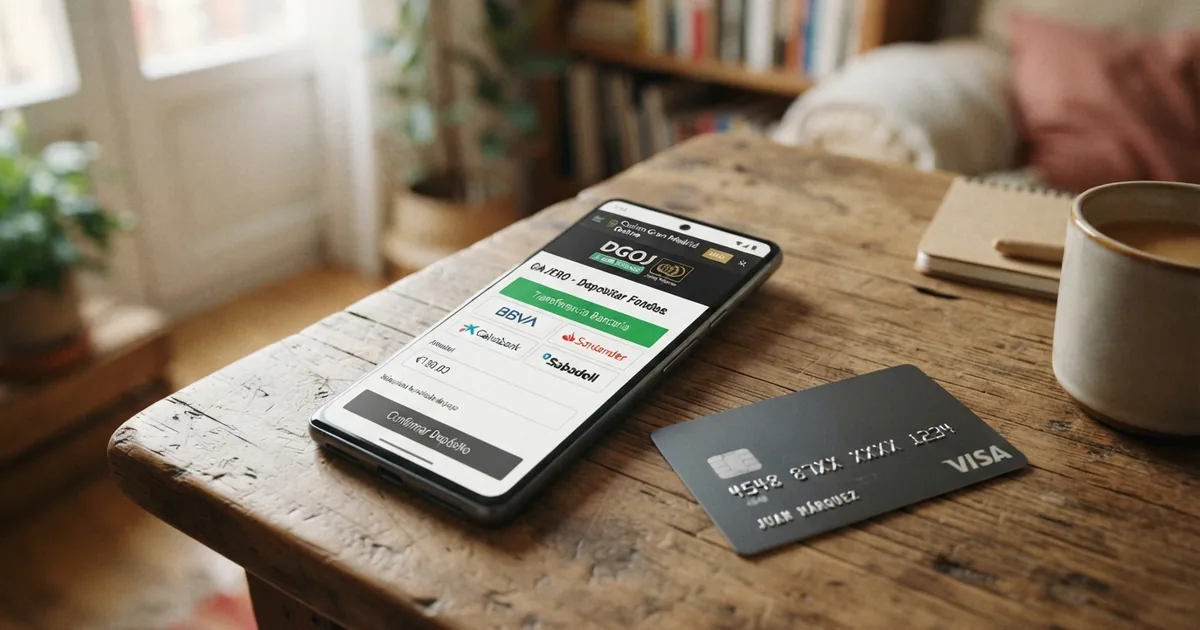 Pantalla de un móvil mostrando la sección de cajero de un casino online español con la opción de transferencia bancaria seleccionada, junto a una tarjeta de débito sobre una mesa