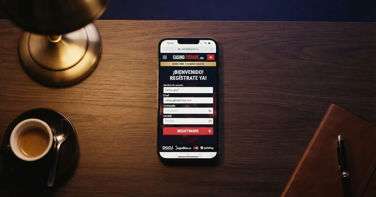 Pantalla de inicio de un casino online con licencia española mostrando la opción de registro con datos básicos y un candado de seguridad junto al dominio .es