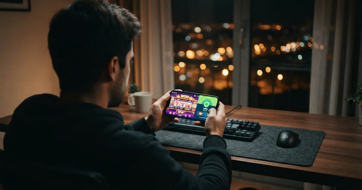 Un jugador sosteniendo un smartphone con la pantalla dividida: en un lado la interfaz de un casino online, en el otro el icono de una VPN activa con un candado verde